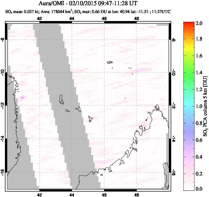 A sulfur dioxide image over Comoro Islands on Feb 10, 2015.