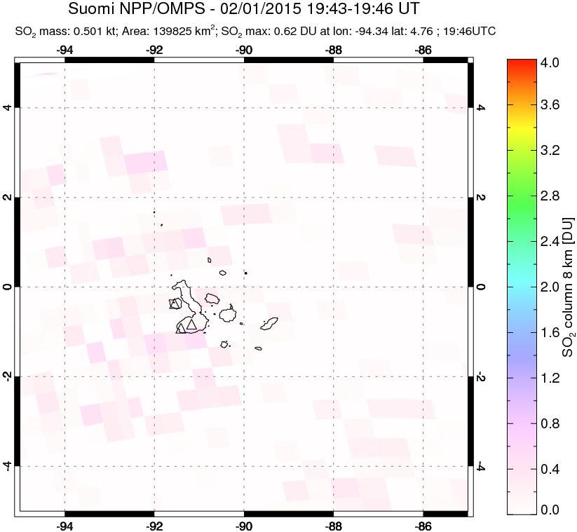 A sulfur dioxide image over Galápagos Islands on Feb 01, 2015.