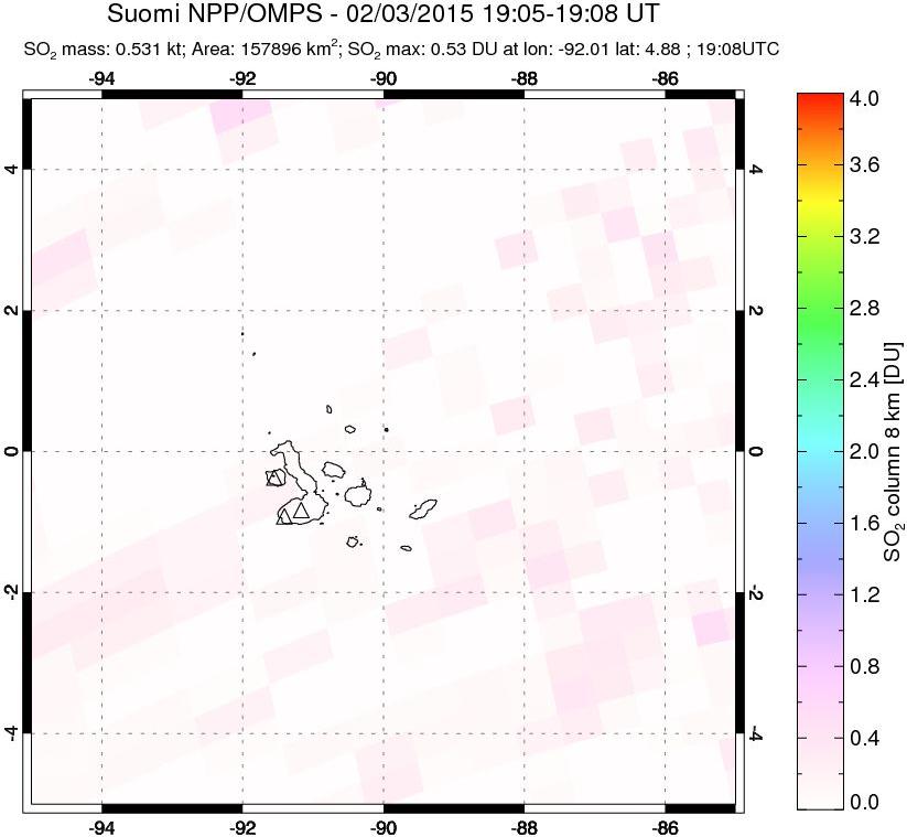 A sulfur dioxide image over Galápagos Islands on Feb 03, 2015.