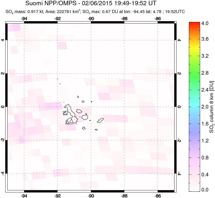 A sulfur dioxide image over Galápagos Islands on Feb 06, 2015.