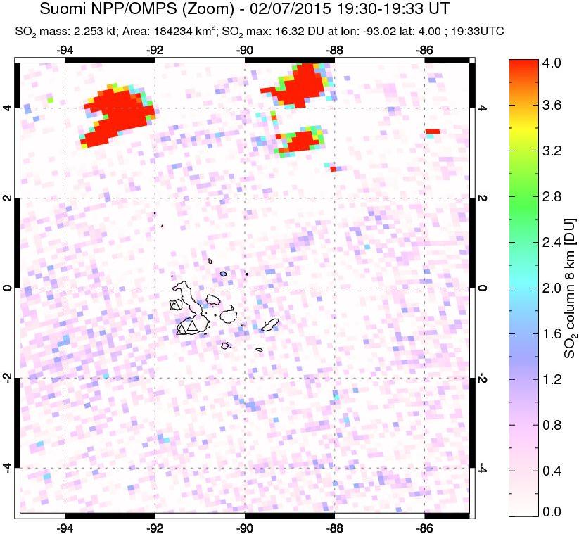 A sulfur dioxide image over Galápagos Islands on Feb 07, 2015.