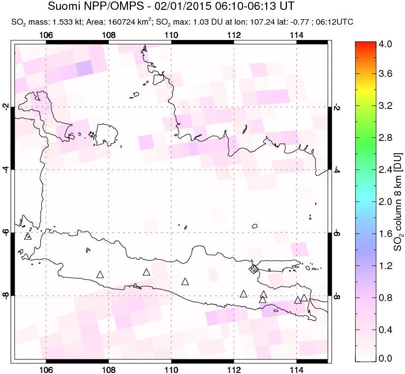 A sulfur dioxide image over Java, Indonesia on Feb 01, 2015.