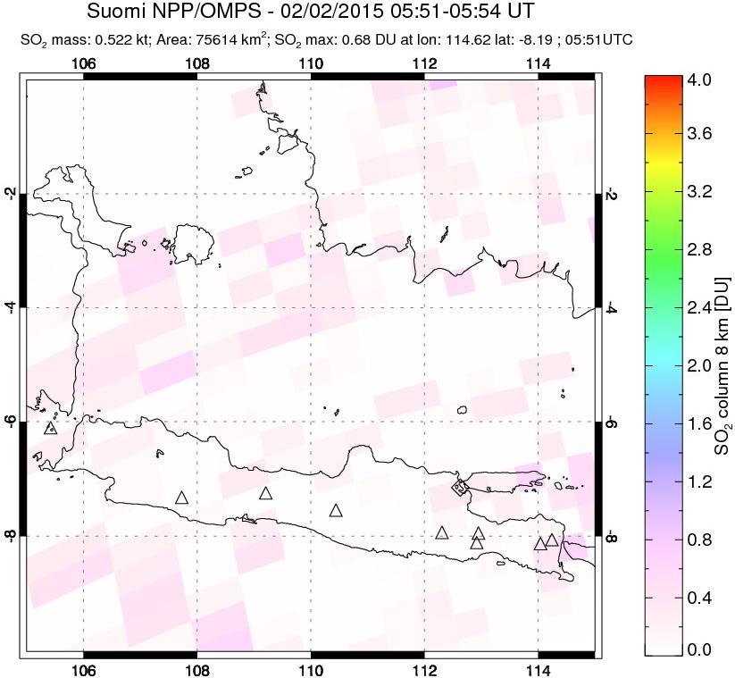A sulfur dioxide image over Java, Indonesia on Feb 02, 2015.