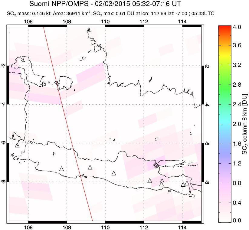 A sulfur dioxide image over Java, Indonesia on Feb 03, 2015.