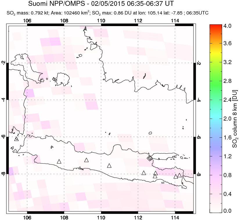 A sulfur dioxide image over Java, Indonesia on Feb 05, 2015.