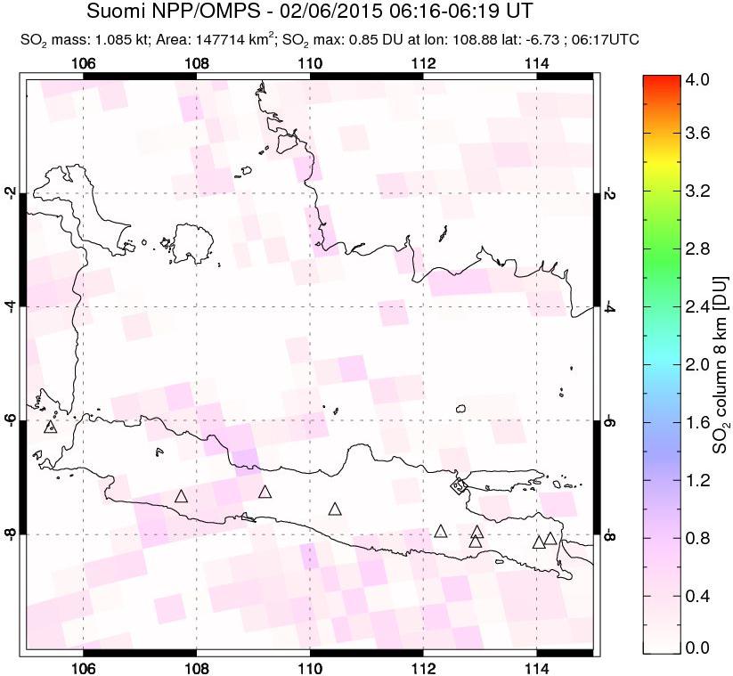 A sulfur dioxide image over Java, Indonesia on Feb 06, 2015.