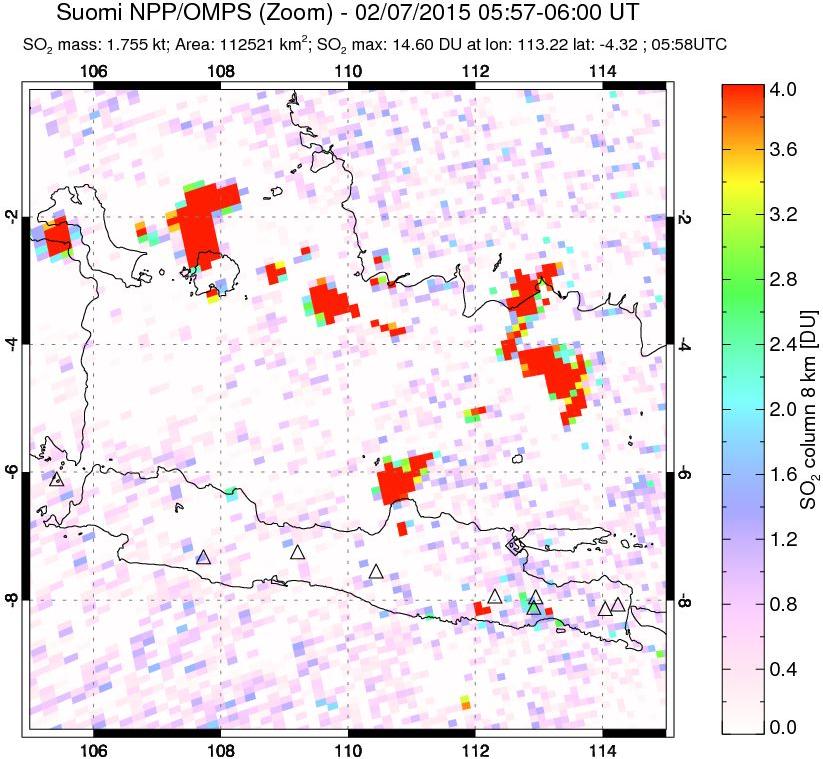 A sulfur dioxide image over Java, Indonesia on Feb 07, 2015.