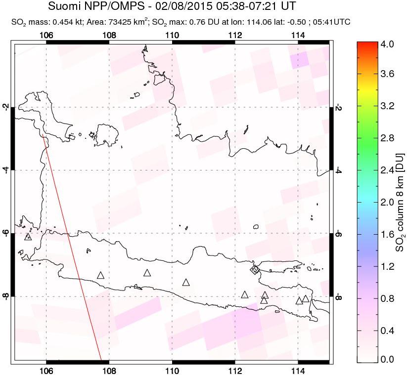 A sulfur dioxide image over Java, Indonesia on Feb 08, 2015.