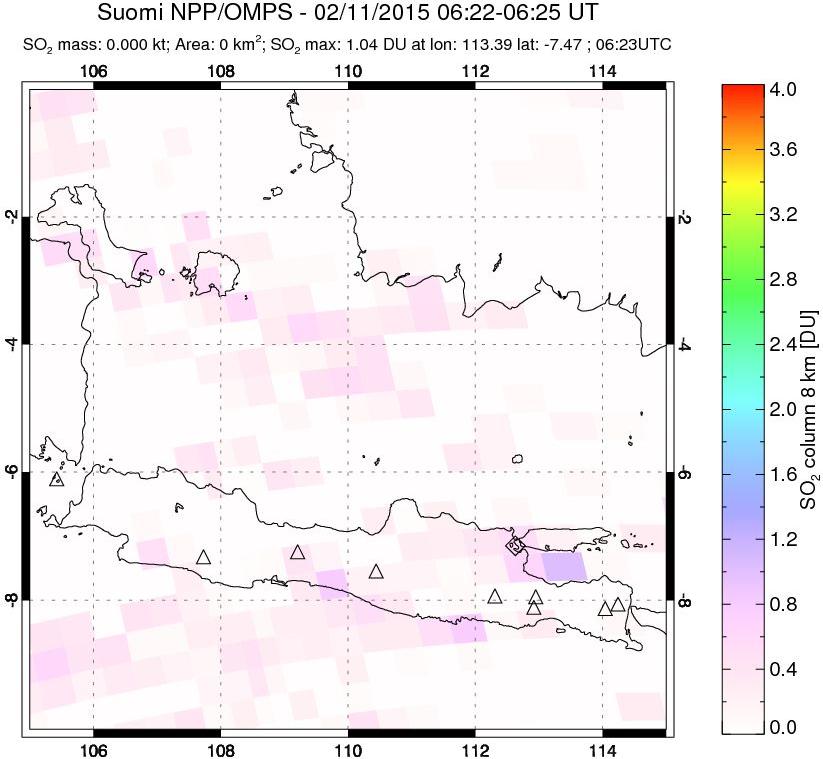 A sulfur dioxide image over Java, Indonesia on Feb 11, 2015.