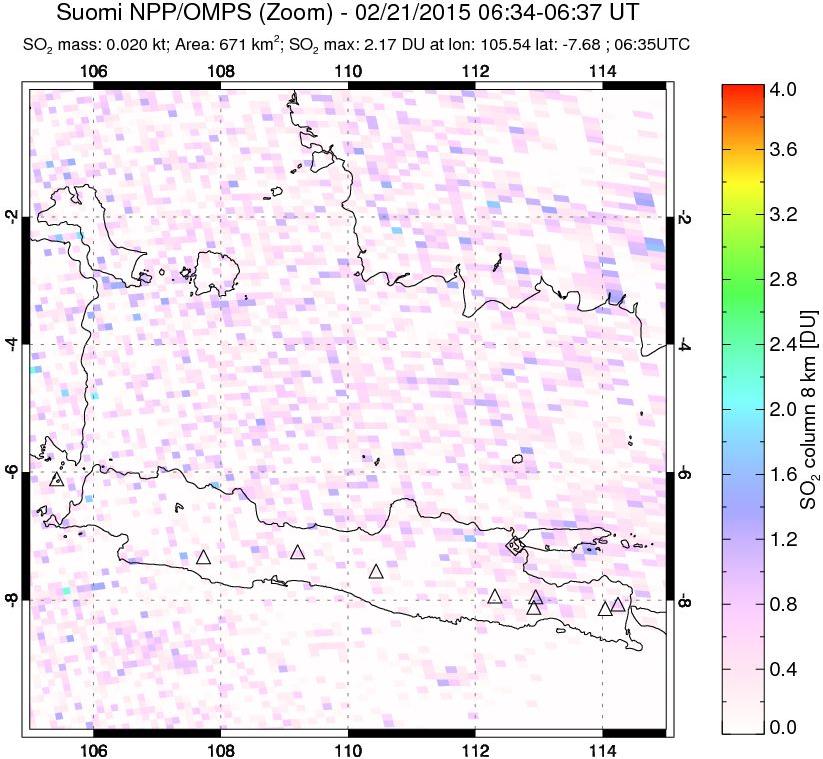 A sulfur dioxide image over Java, Indonesia on Feb 21, 2015.