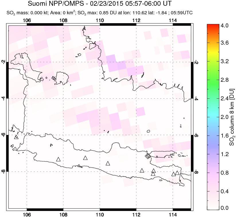 A sulfur dioxide image over Java, Indonesia on Feb 23, 2015.