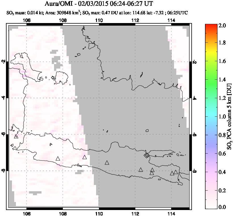 A sulfur dioxide image over Java, Indonesia on Feb 03, 2015.
