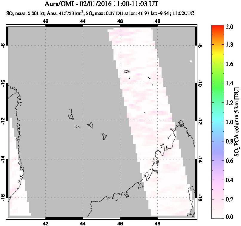 A sulfur dioxide image over Comoro Islands on Feb 01, 2016.