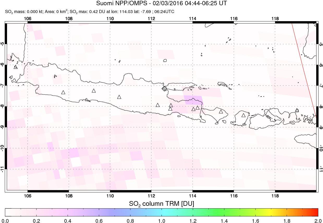 A sulfur dioxide image over Java, Indonesia on Feb 03, 2016.