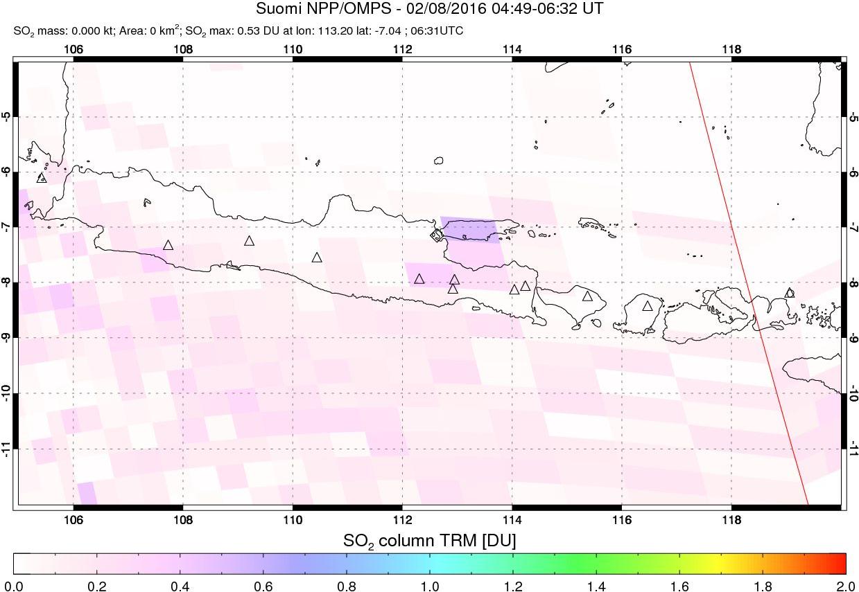 A sulfur dioxide image over Java, Indonesia on Feb 08, 2016.