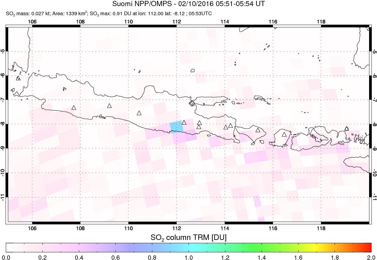 A sulfur dioxide image over Java, Indonesia on Feb 10, 2016.