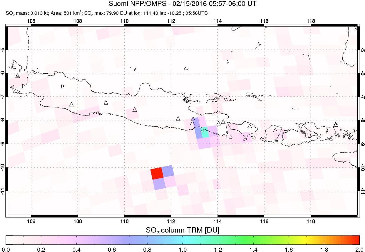 A sulfur dioxide image over Java, Indonesia on Feb 15, 2016.
