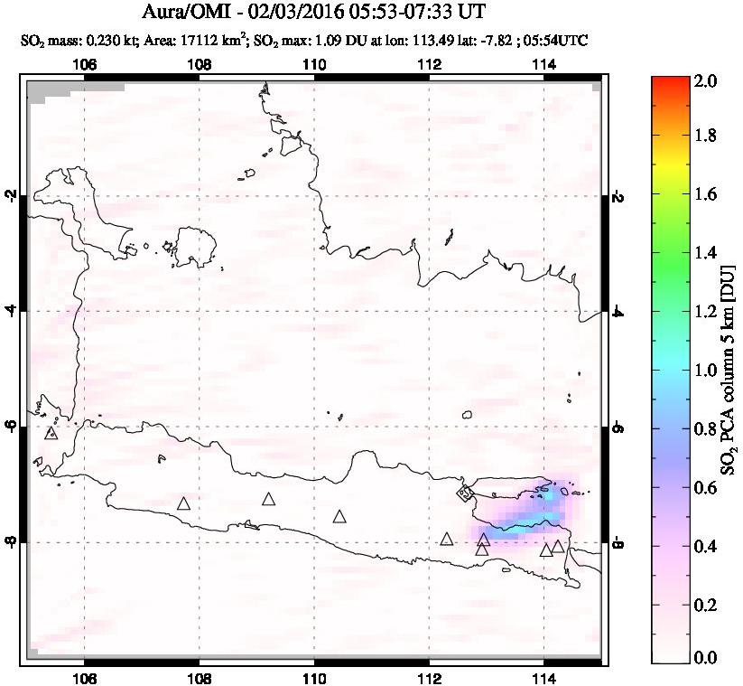 A sulfur dioxide image over Java, Indonesia on Feb 03, 2016.