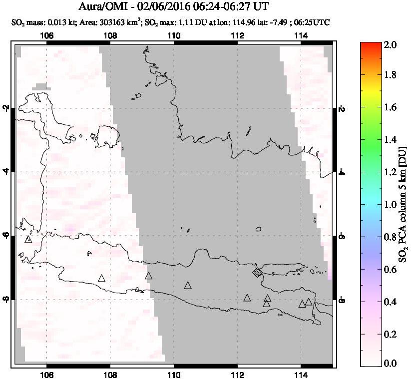 A sulfur dioxide image over Java, Indonesia on Feb 06, 2016.