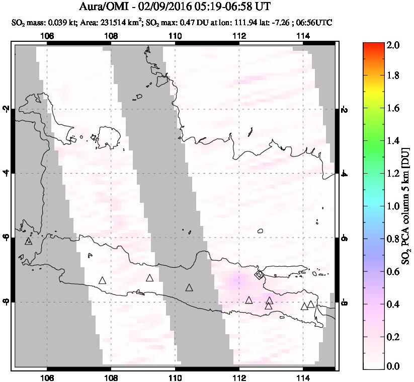 A sulfur dioxide image over Java, Indonesia on Feb 09, 2016.