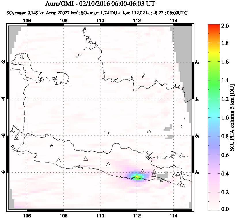 A sulfur dioxide image over Java, Indonesia on Feb 10, 2016.