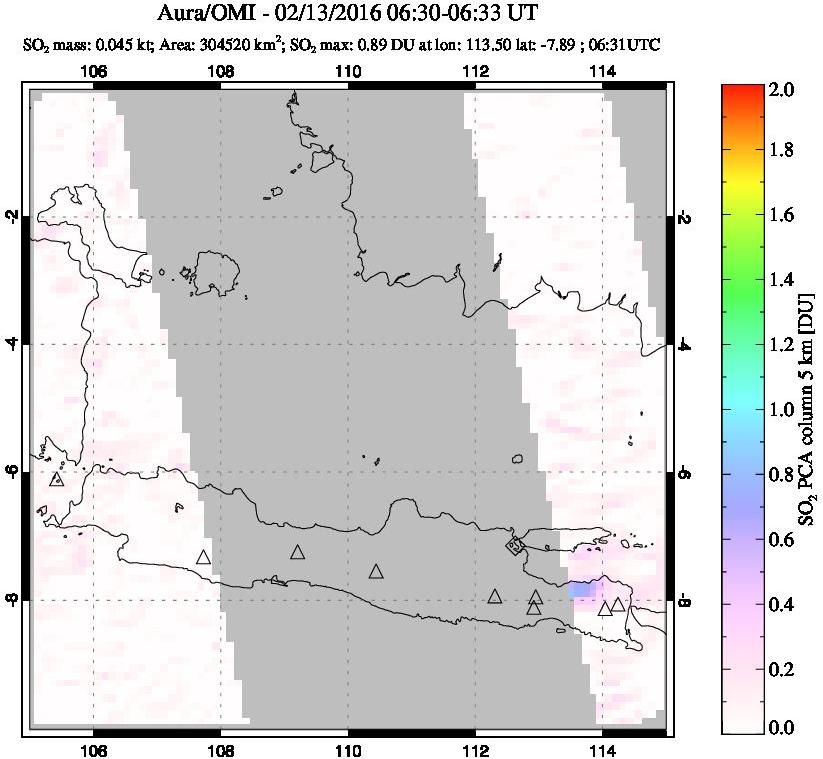 A sulfur dioxide image over Java, Indonesia on Feb 13, 2016.