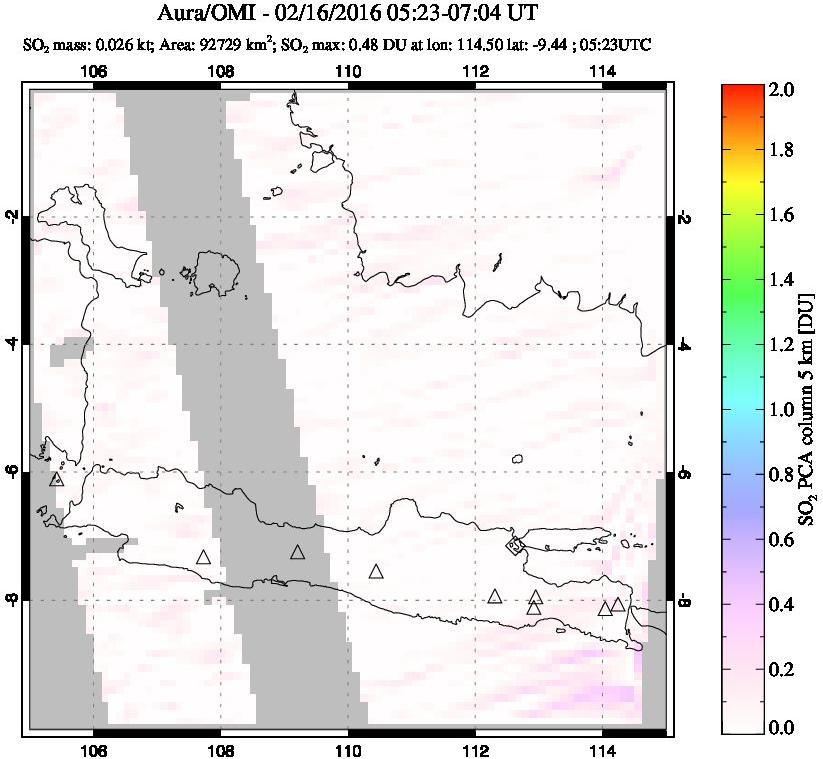 A sulfur dioxide image over Java, Indonesia on Feb 16, 2016.