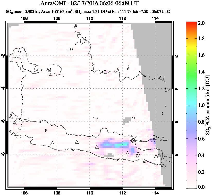 A sulfur dioxide image over Java, Indonesia on Feb 17, 2016.