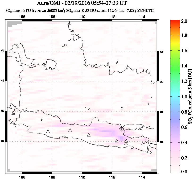 A sulfur dioxide image over Java, Indonesia on Feb 19, 2016.