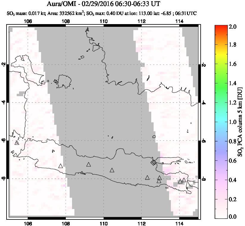 A sulfur dioxide image over Java, Indonesia on Feb 29, 2016.