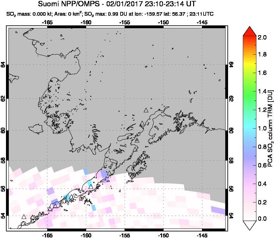 A sulfur dioxide image over Alaska, USA on Feb 01, 2017.