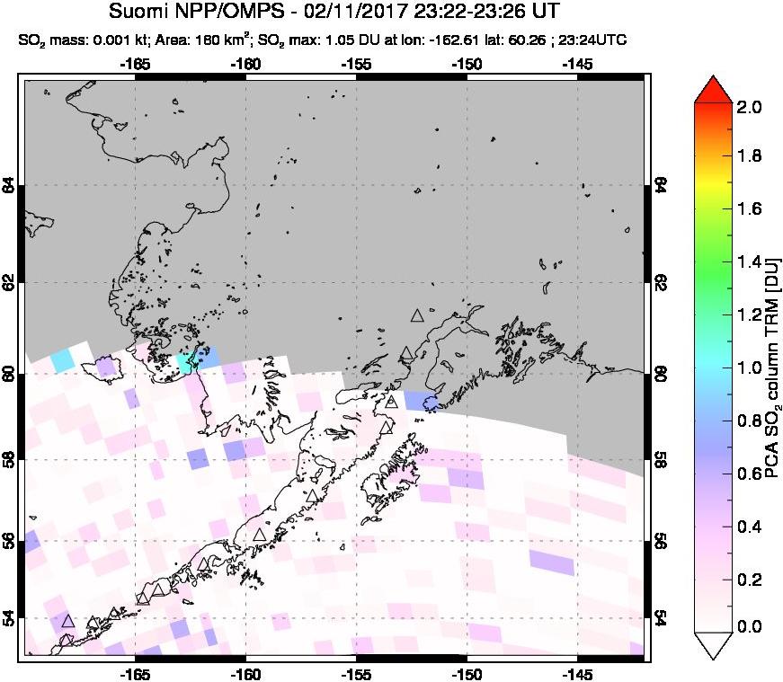 A sulfur dioxide image over Alaska, USA on Feb 11, 2017.