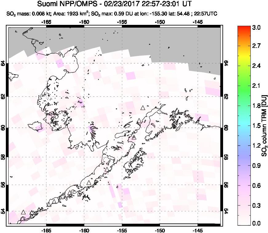 A sulfur dioxide image over Alaska, USA on Feb 23, 2017.