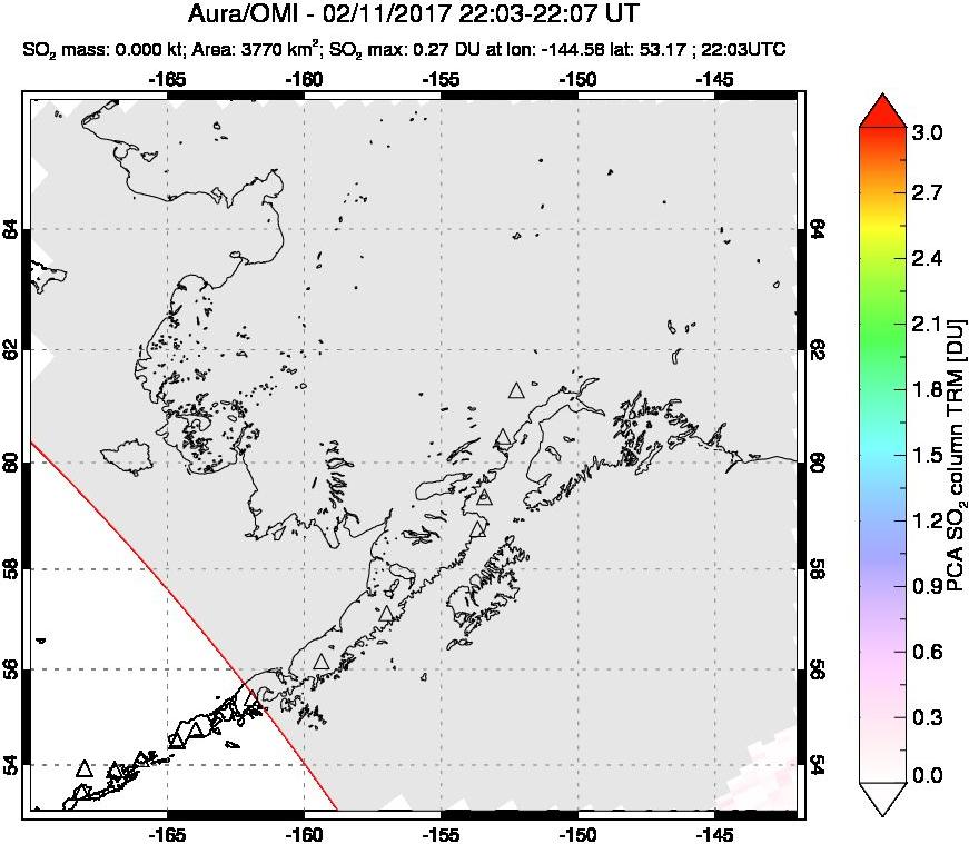 A sulfur dioxide image over Alaska, USA on Feb 11, 2017.