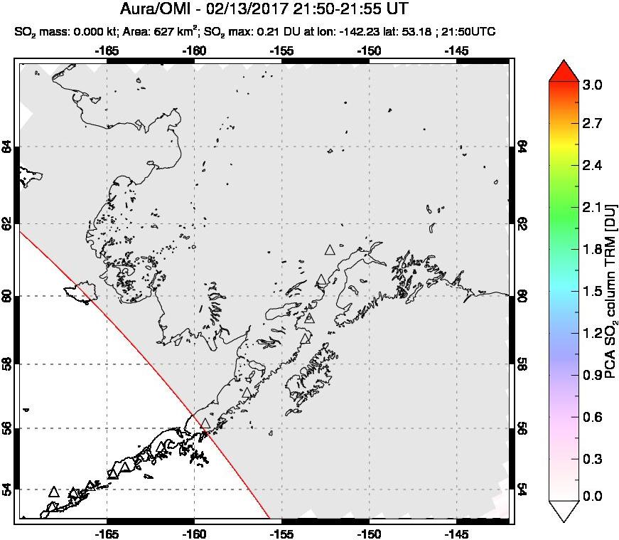 A sulfur dioxide image over Alaska, USA on Feb 13, 2017.