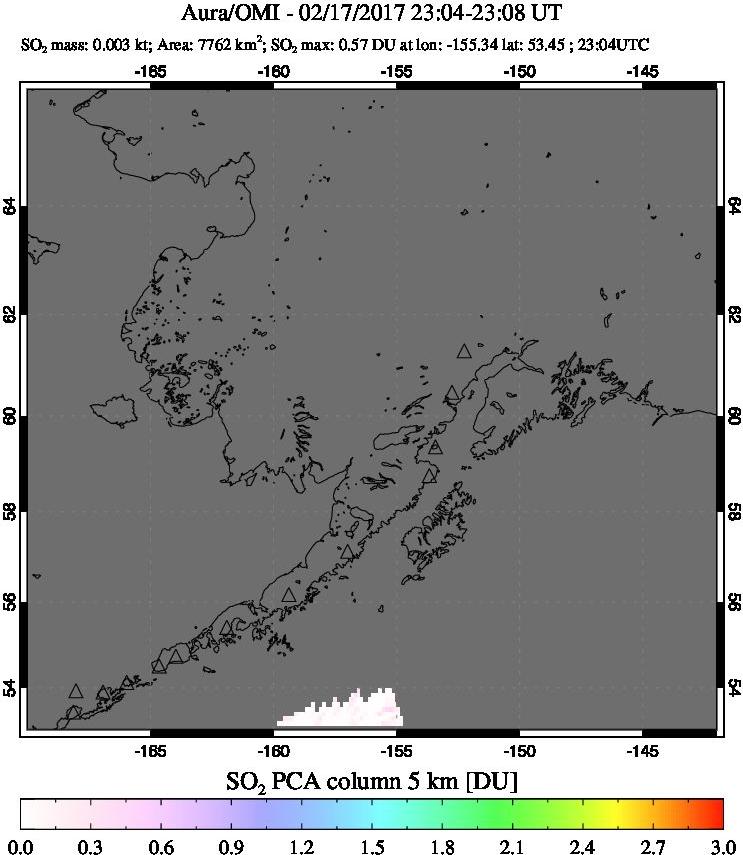 A sulfur dioxide image over Alaska, USA on Feb 17, 2017.