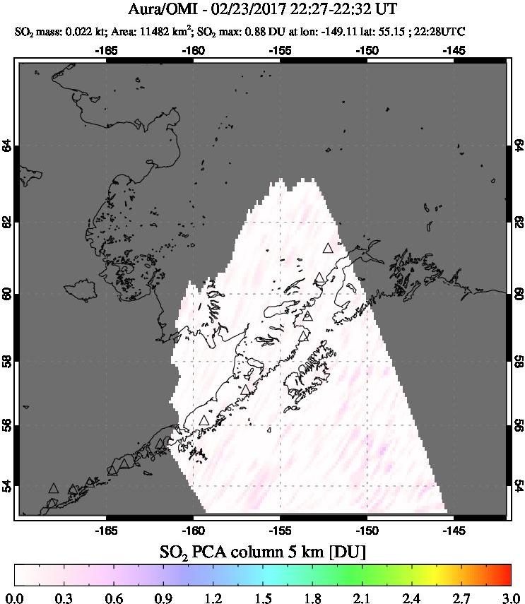 A sulfur dioxide image over Alaska, USA on Feb 23, 2017.