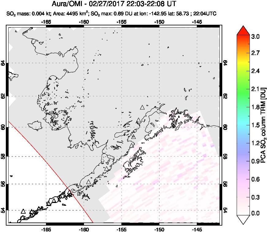A sulfur dioxide image over Alaska, USA on Feb 27, 2017.