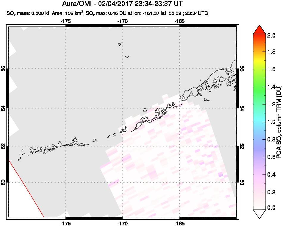 A sulfur dioxide image over Aleutian Islands, Alaska, USA on Feb 04, 2017.