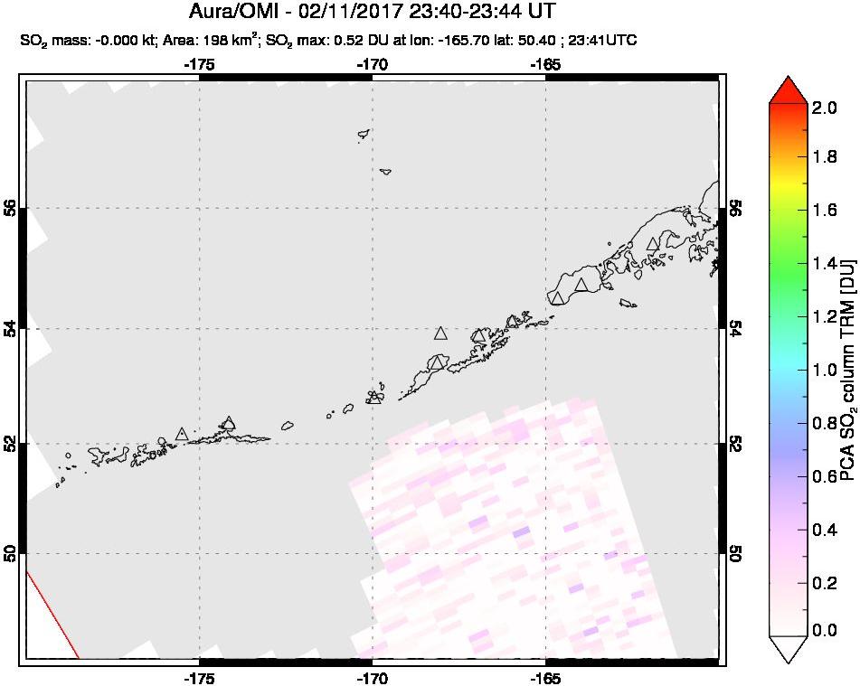 A sulfur dioxide image over Aleutian Islands, Alaska, USA on Feb 11, 2017.