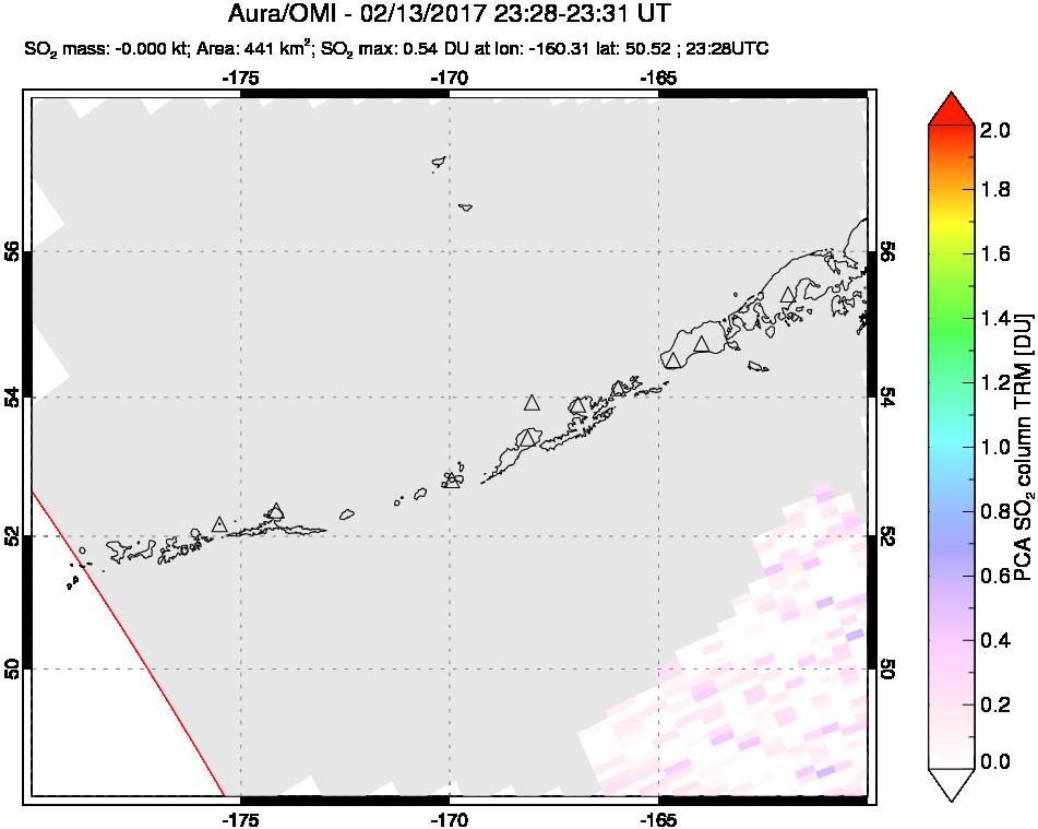 A sulfur dioxide image over Aleutian Islands, Alaska, USA on Feb 13, 2017.
