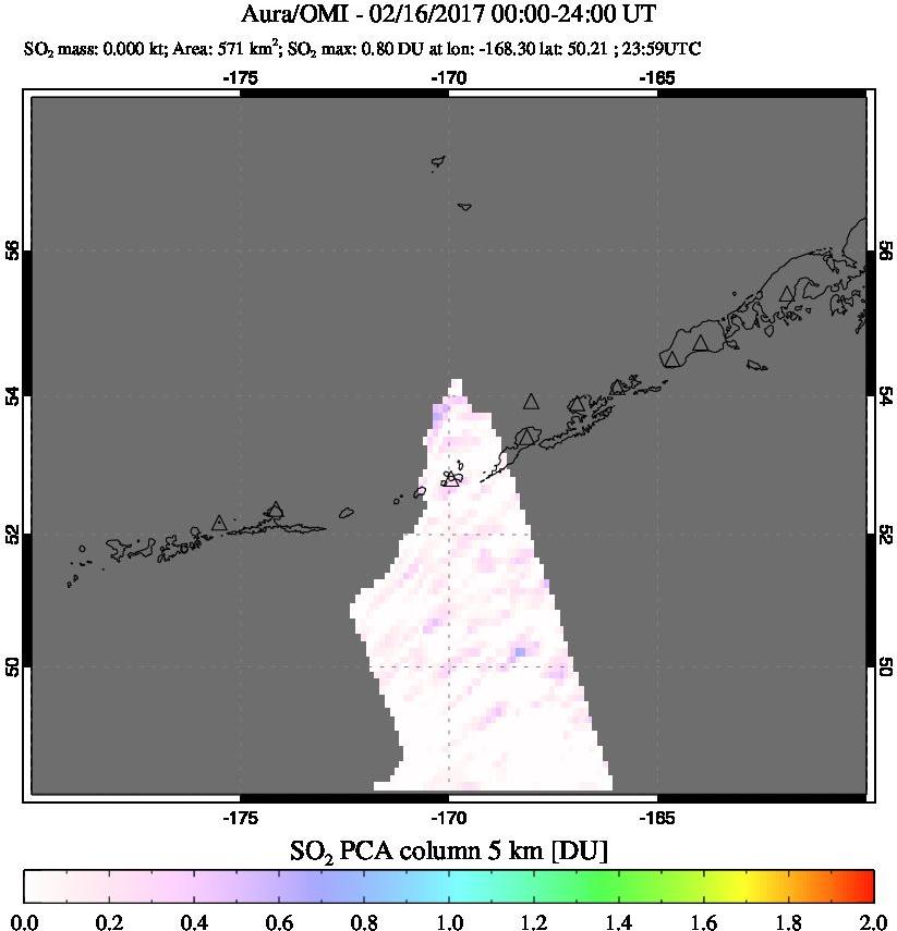 A sulfur dioxide image over Aleutian Islands, Alaska, USA on Feb 16, 2017.