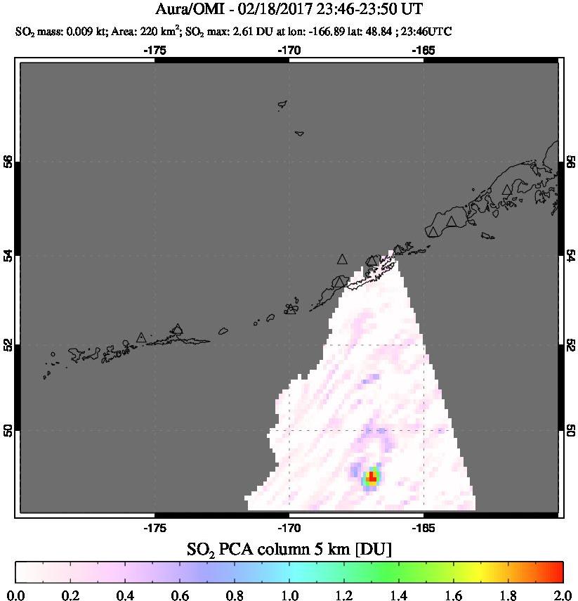 A sulfur dioxide image over Aleutian Islands, Alaska, USA on Feb 18, 2017.