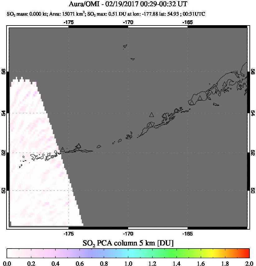 A sulfur dioxide image over Aleutian Islands, Alaska, USA on Feb 19, 2017.