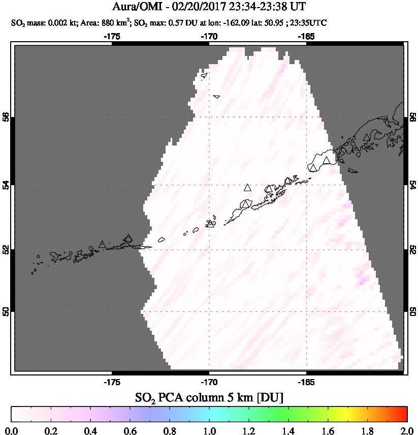 A sulfur dioxide image over Aleutian Islands, Alaska, USA on Feb 20, 2017.
