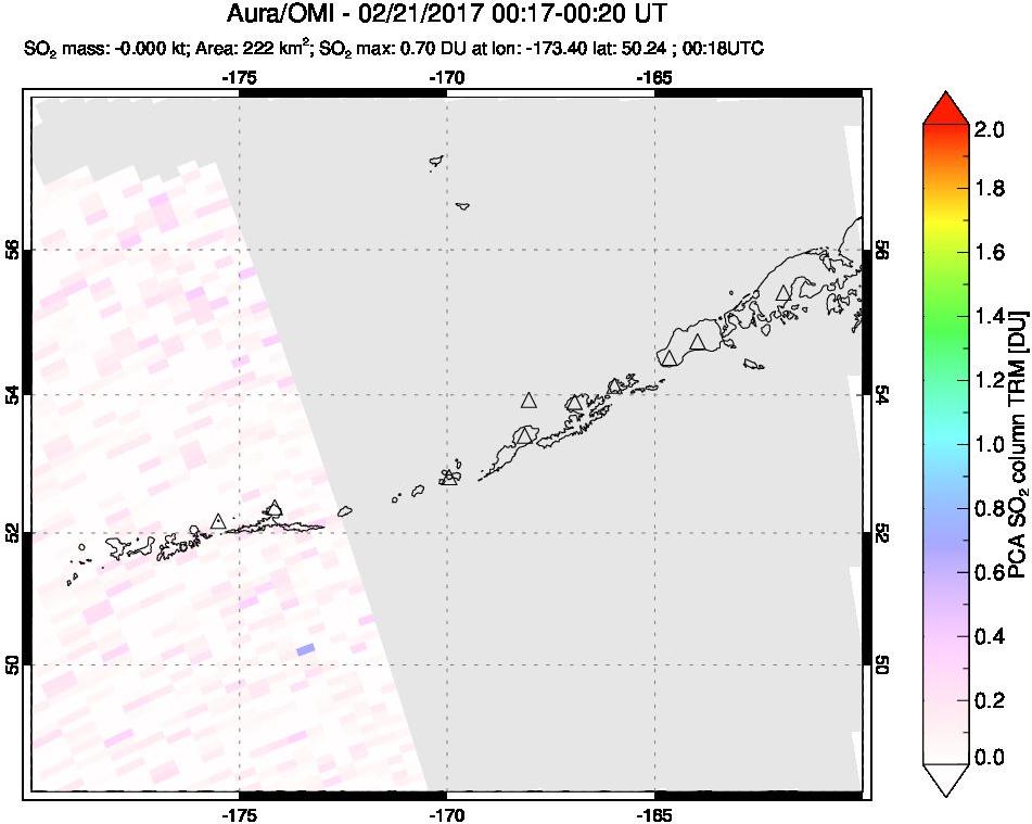 A sulfur dioxide image over Aleutian Islands, Alaska, USA on Feb 21, 2017.