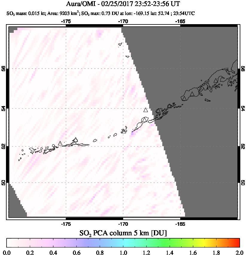 A sulfur dioxide image over Aleutian Islands, Alaska, USA on Feb 25, 2017.
