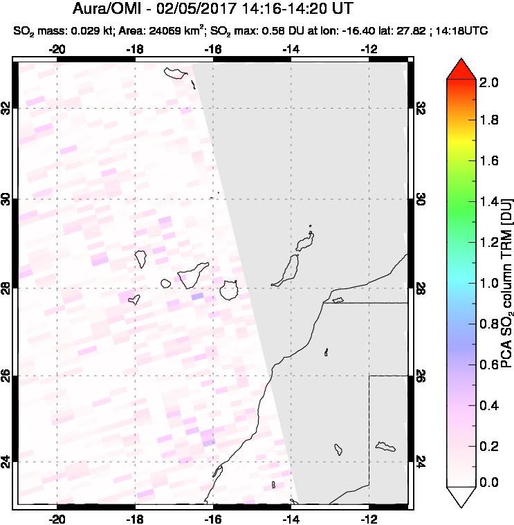 A sulfur dioxide image over Canary Islands on Feb 05, 2017.