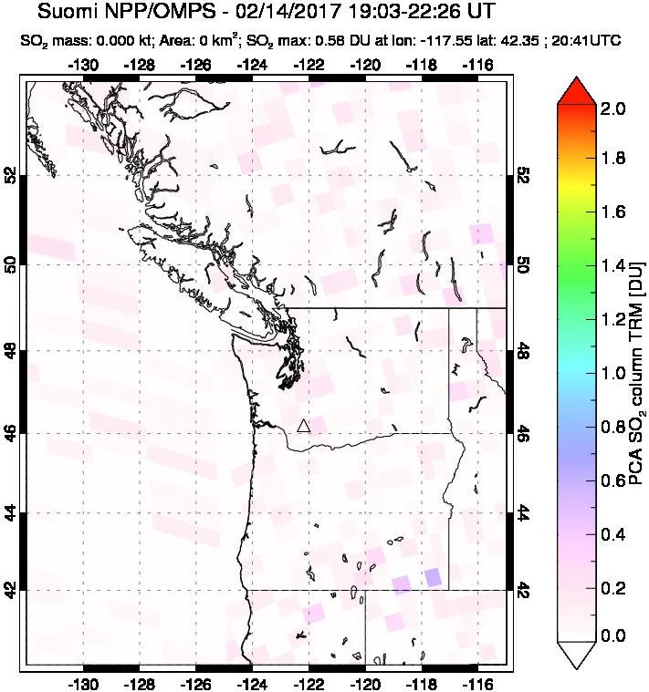 A sulfur dioxide image over Cascade Range, USA on Feb 14, 2017.
