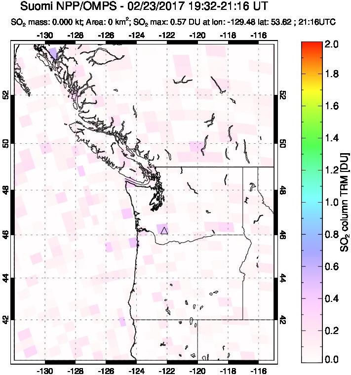 A sulfur dioxide image over Cascade Range, USA on Feb 23, 2017.